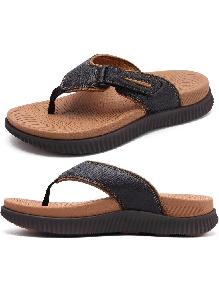 Men's Khaki And Brown Adjustable Thick Athletic Orthotic Flip Flops Sandal Shoes